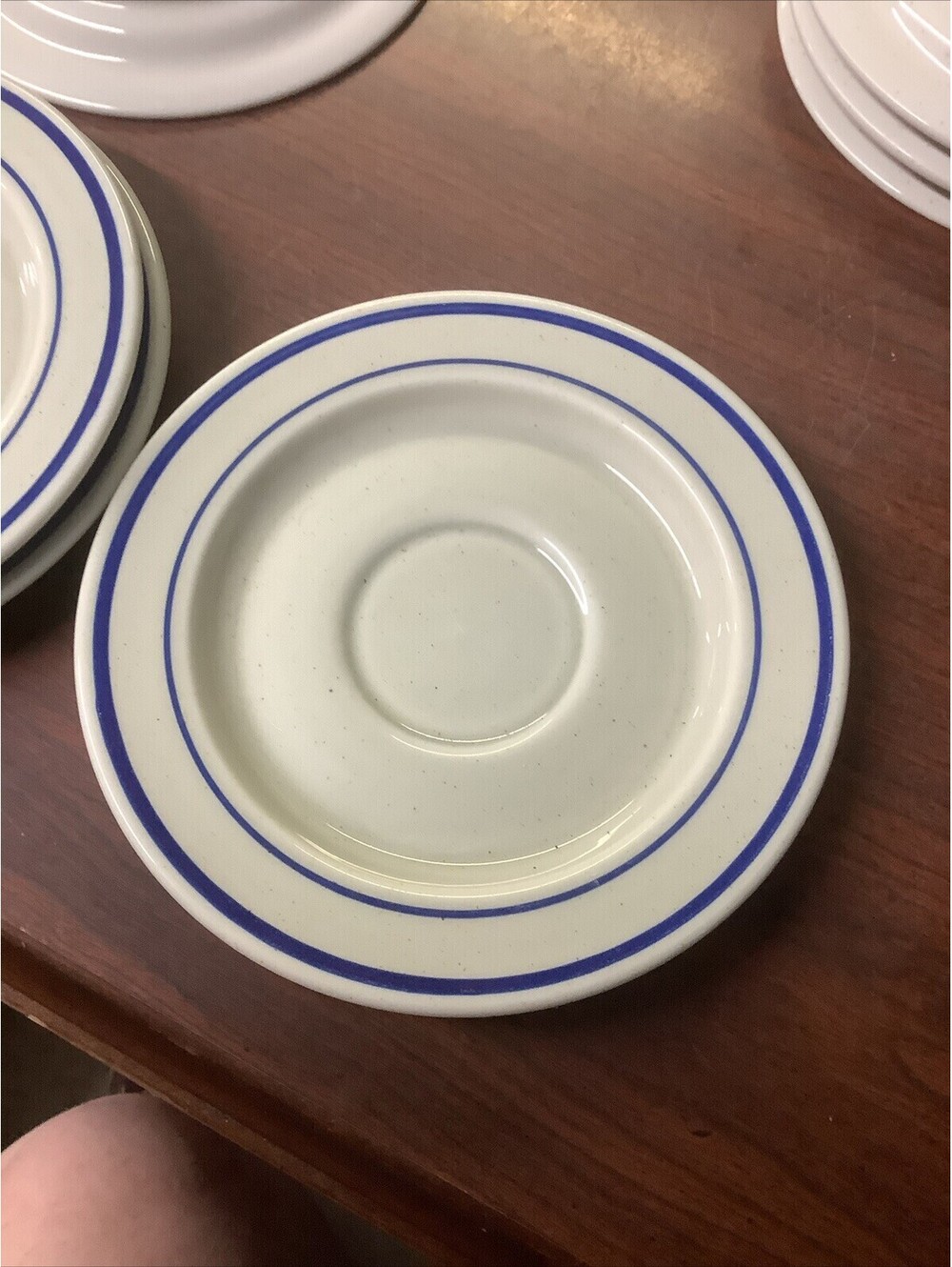 3 vintage Stoneware Saucers with Blue Stripe Rim 6 1/8" USA